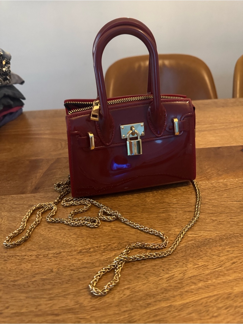 Glossy Burgundy Mini Satchel with Gold Chain